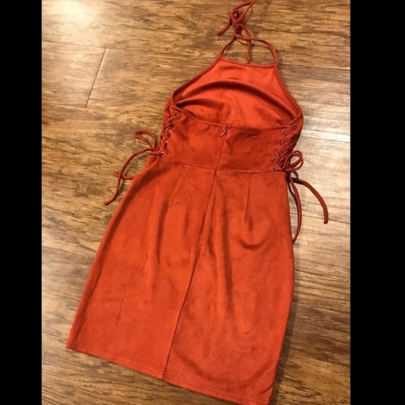 Burnt orange Forever 21 velvet dress with ties on side and top. - Picture 2 of 10